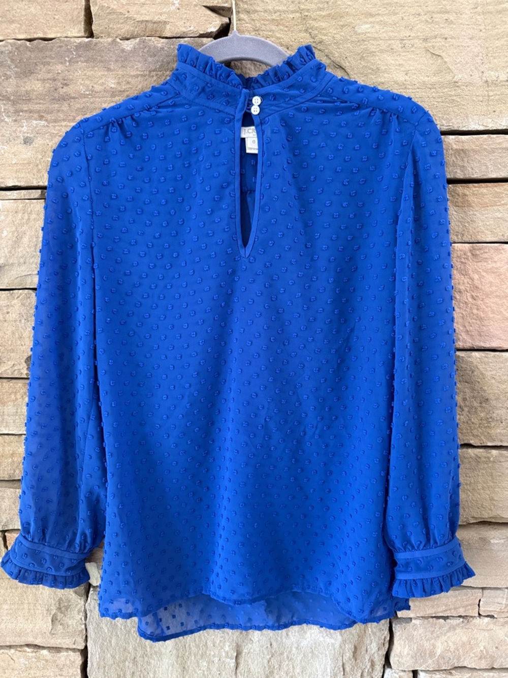 J. Crew Royal Blue Swiss Dot Ruffle Mock-Neck Blouse, Semi Sheer